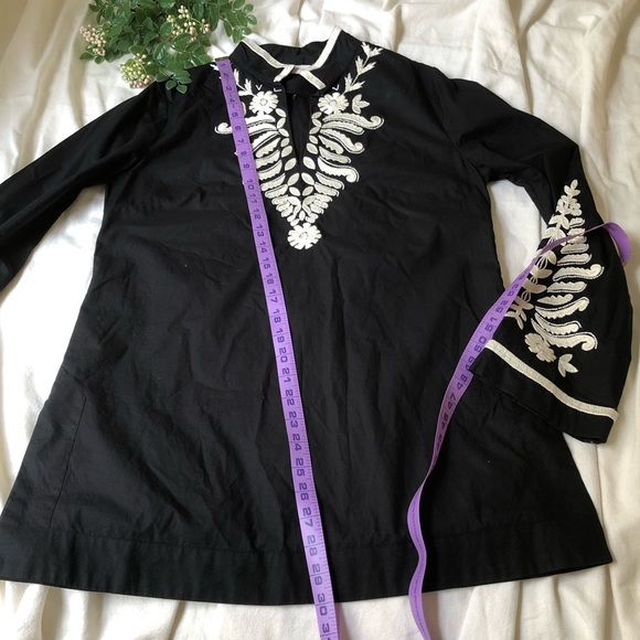 tory burch | embroidered long sleeve tunic top size 8 black v neck white beads - Picture 10 of 10